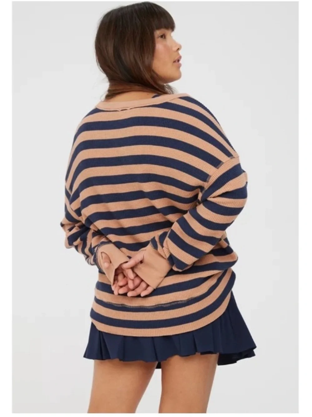 Aerie Wow! Striped Thermal Waffle Knit Oversized Long Sleeve Shirt Tan Small - Picture 2 of 10